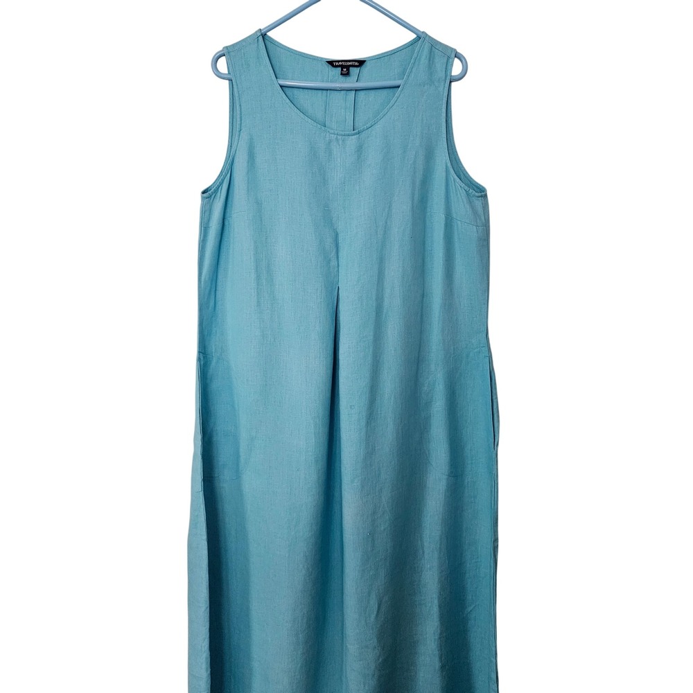 TravelSmith‎ Linen Sleeveless Dress Womens Medium Midi Pockets Coastal Lagenlook